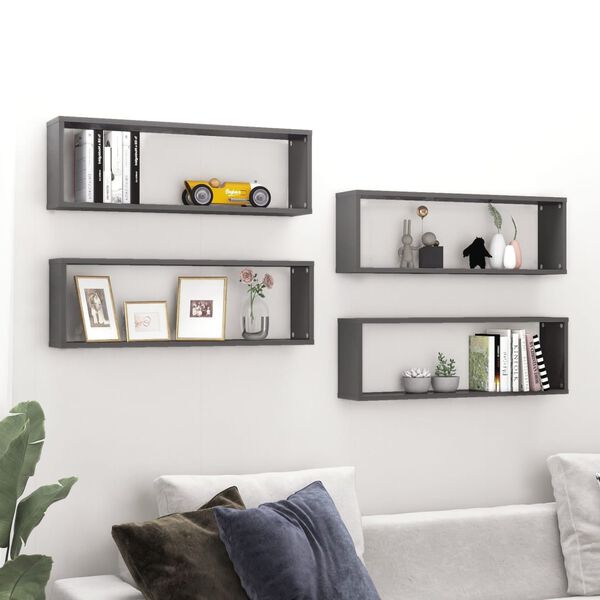 vidaXL Wall Shelf Set of 4 High gloss grey Engineered wood Medium