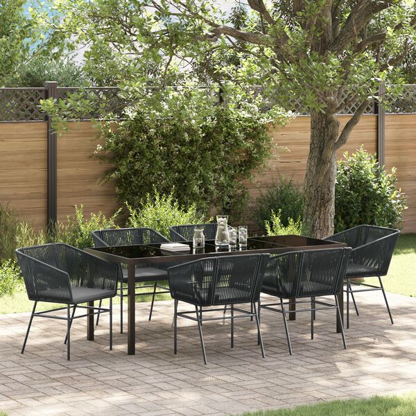 vidaXL Garden Dining Set with Cushion 7 pcs Black Powder-Coated Steel