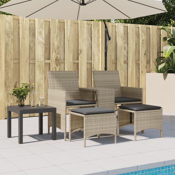 vidaXL Patio Sofa 2-Seater with Table and Stools Light Grey Poly Rattan