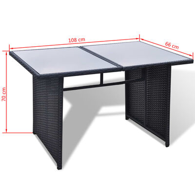 Bar style desk/table with two glass tops and dark wicker structure, dimensions 108x66x70 cm.