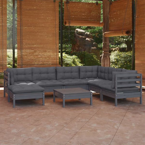 vidaXL 8 Piece Patio Lounge Set with Cushions Gray Solid Pinewood
