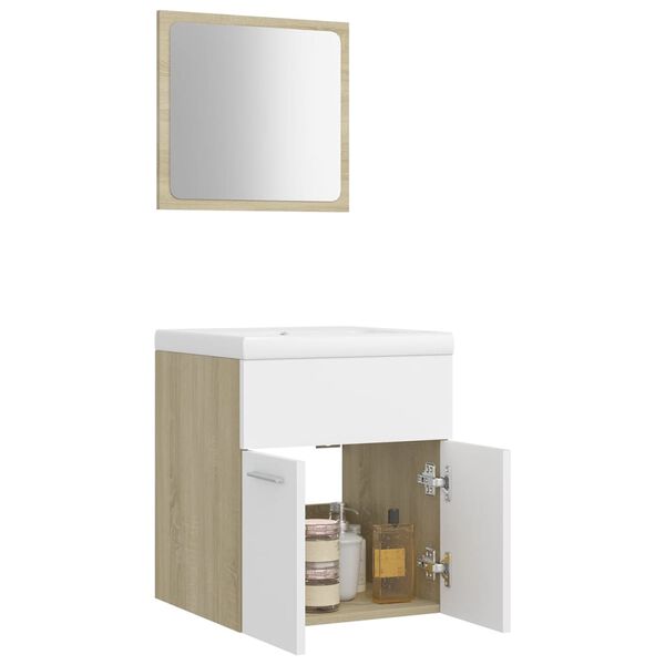 vidaXL Bathroom Furniture Set White and Sonoma Oak Engineered Wood, Ceramic