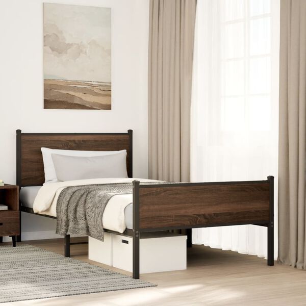 vidaXL Bed Frame Brown Oak Steel, Engineered Wood Twin Bed Frame