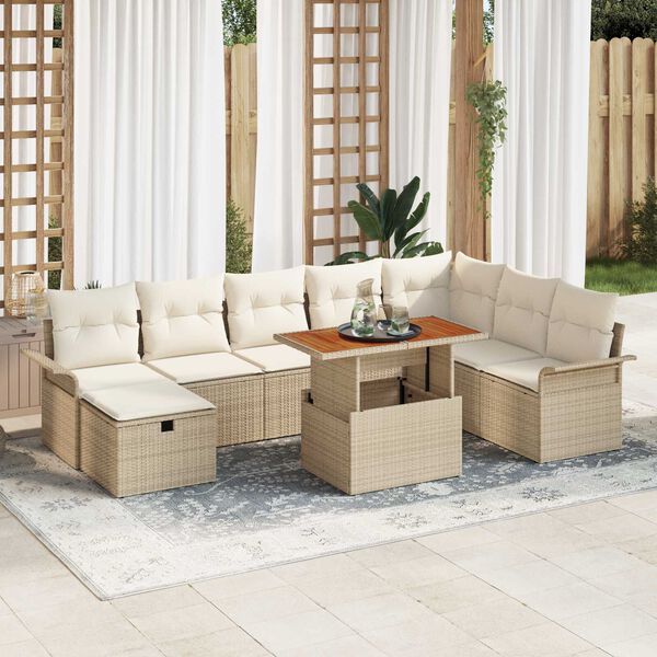 vidaXL Garden Sofa Set with Cushion 9 pcs Beige Poly Rattan