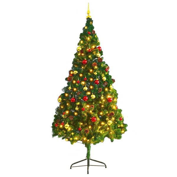 vidaXL Artificial Pre-lit Christmas Tree with Baubles Green 7 ft