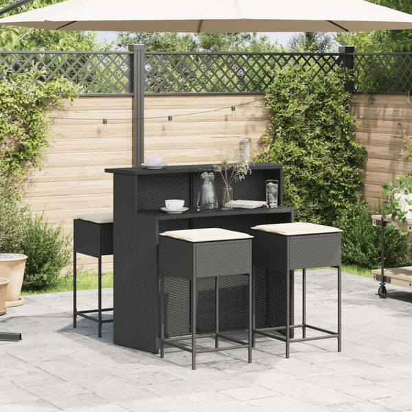 vidaXL 5 Piece Patio Bar Set with Cushions Black Poly Rattan
