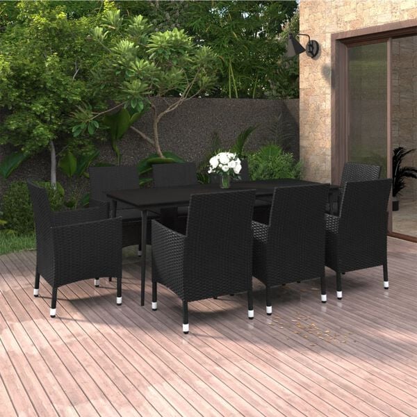 vidaXL Garden Dining Set Black PE rattan, steel, glass 9 Piece Durable