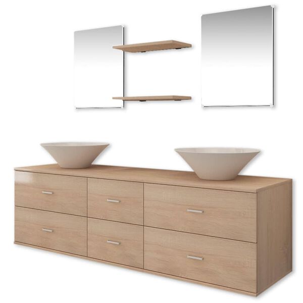 vidaXL Bathroom Cabinet Beige, White, Silver Engineered wood, Ceramic, Brass