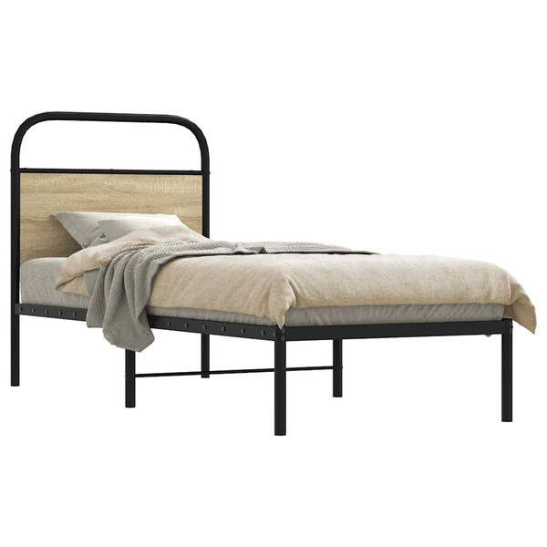 vidaXL Bed Frame Sonoma Oak, Steel Grey Steel, Engineered Wood Twin