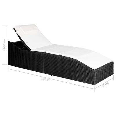Outdoor black wicker chaise lounge with white cushions, dimensions annotated: length 192 cm, height 48-95 cm, depth 62 cm.