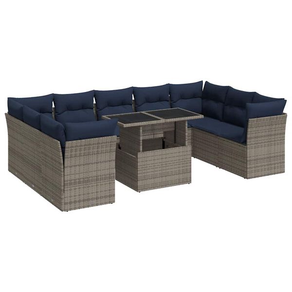 vidaXL 10 Piece Patio Sofa Set with Cushions Gray Poly Rattan Acacia