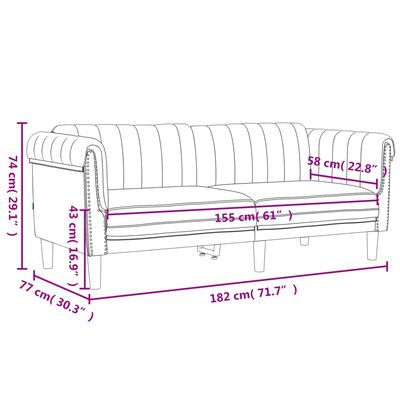 Diagram of sofa dimensions showing width 182 cm, depth 77 cm, height 74 cm, seat height 43 cm