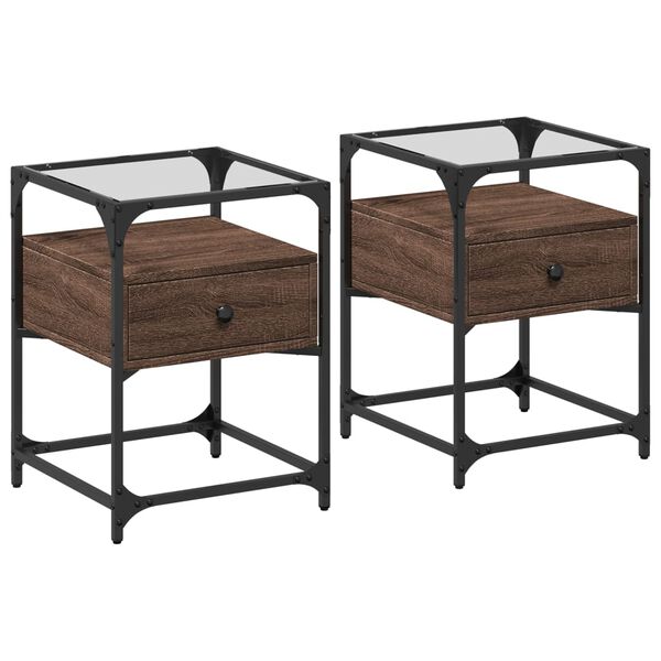 vidaXL Bedside Cabinet Set of 2 Brown Oak Engineered Wood, Steel, Glass