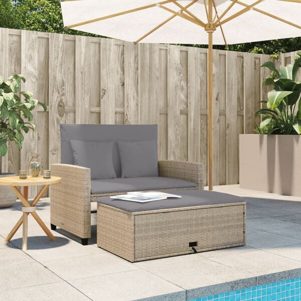 vidaXL Patio Sofa Beige PE rattan, powder-coated steel, polyester 2-seater