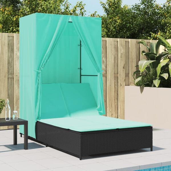 vidaXL Double Sun Lounger with Roof and Curtains Black Poly Rattan