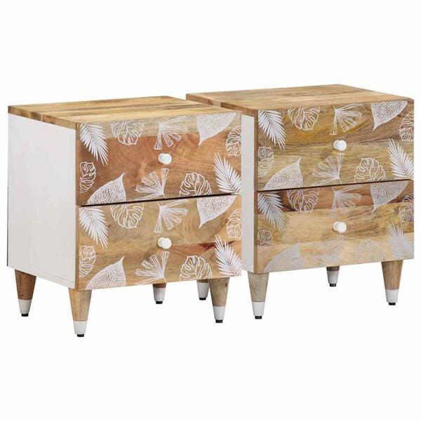 vidaXL Bedside Cabinet Set of 2 Natural Mango and White