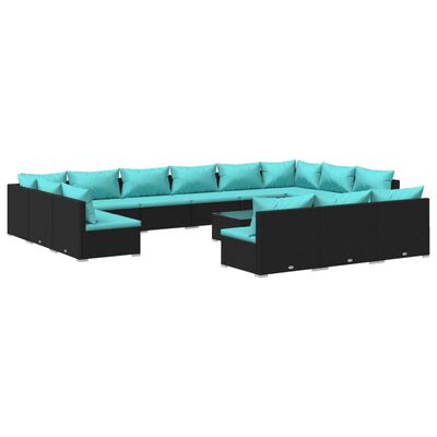 vidaXL 14 Piece Patio Lounge Set with Cushions Black Poly Rattan