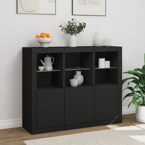 vidaXL Sideboard Set of 3 Black Engineered wood, Glass Sideboard