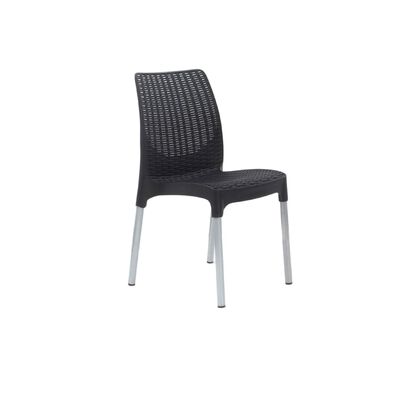 Close-up of a black woven chair with metal legs.