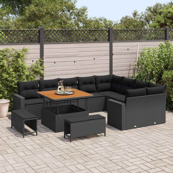 vidaXL Garden Sofa Set Height-Adjustable 12 pcs Black Poly Rattan