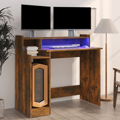 vidaXL Desk with LED Lights Smoked Oak 38.2"x17.7"x35.4" Engineered Wood