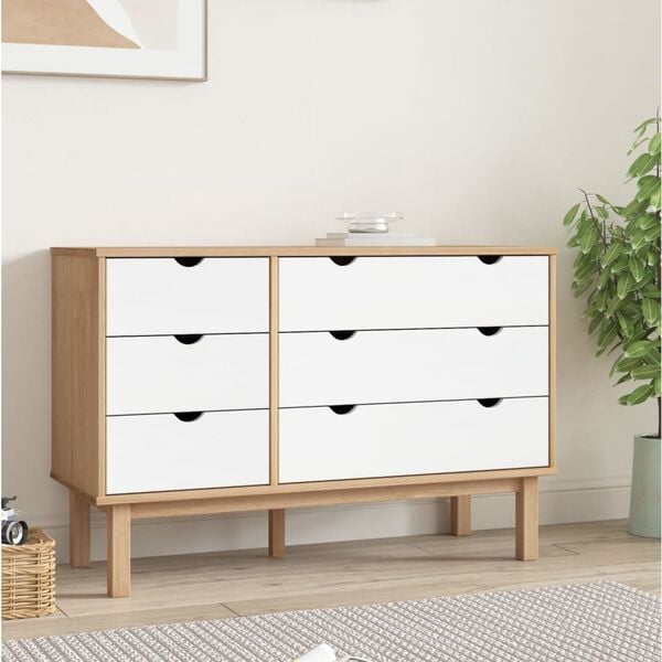 vidaXL Drawer Cabinet Brown and White Solid pine wood, engineered wood