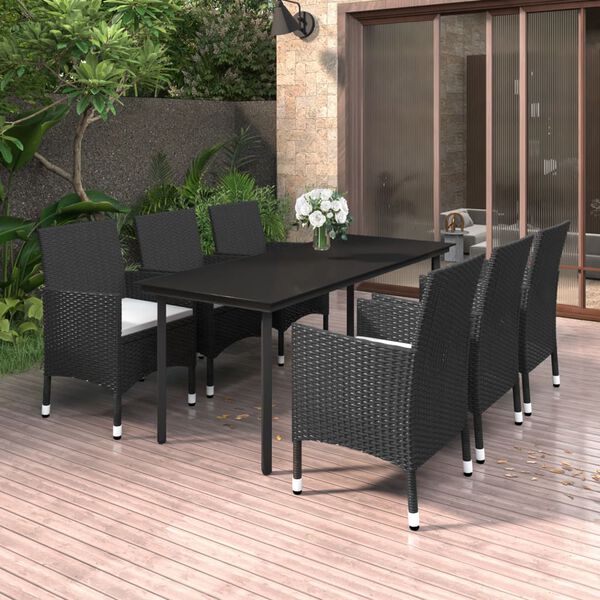 vidaXL Garden Dining Set Black PE rattan, steel, glass, fabric Large