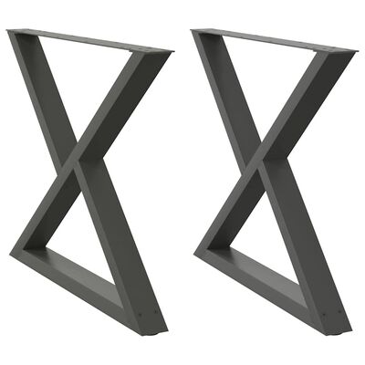 Two identical X-shaped metal table legs in dark gray, showing the two halves of the support