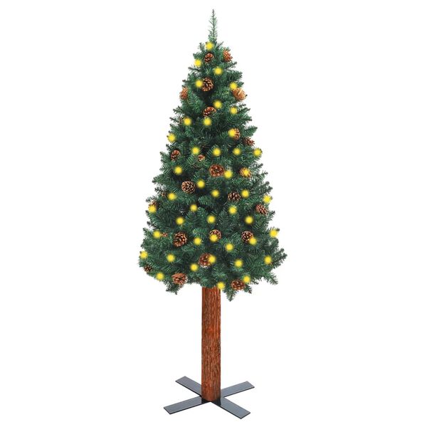 vidaXL Slim Pre-lit Christmas Tree with Real Wood&Cones Green 59.1"