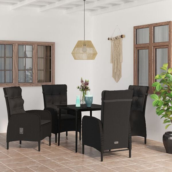 vidaXL Garden Dining Set Black PE rattan, powder-coated steel, glass