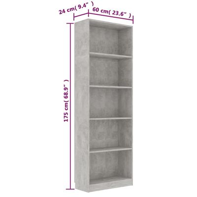 vidaXL 5-Tier Book Cabinet Concrete Gray 23.6"x9.4"x68.9" Engineered Wood