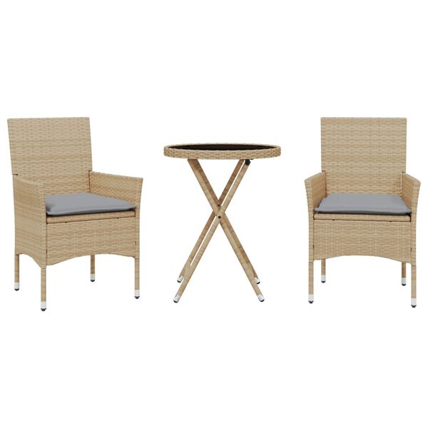 vidaXL 3 Piece Bistro Set with Cushions Beige Poly Rattan and Glass