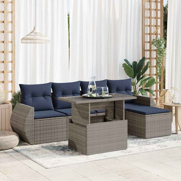 vidaXL 6 Piece Patio Sofa Set with Cushions Gray Poly Rattan Acacia
