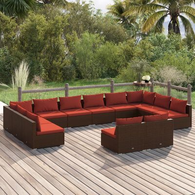 vidaXL 12 Piece Patio Lounge Set with Cushions Brown Poly Rattan