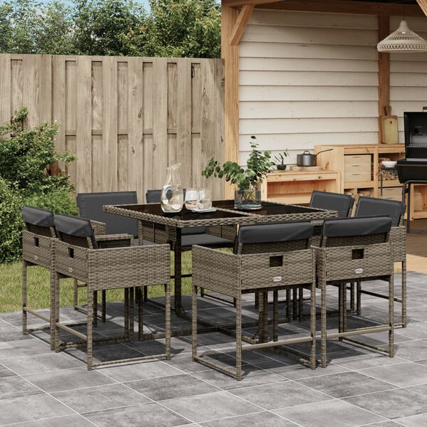 vidaXL 9 Piece Patio Dining Set with Cushions Gray Poly Rattan