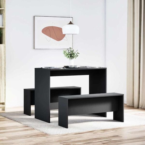 vidaXL Dining Table And Bench Set Black Engineered wood Compact Modern