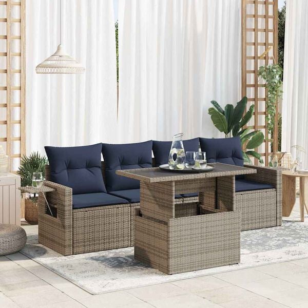 vidaXL 5 Piece Patio Sofa Set with Cushions Gray Poly Rattan