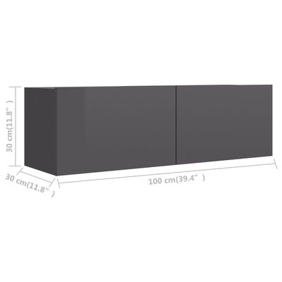 vidaXL TV Stand High Gloss Gray 39.4"x11.8"x11.8" Engineered Wood
