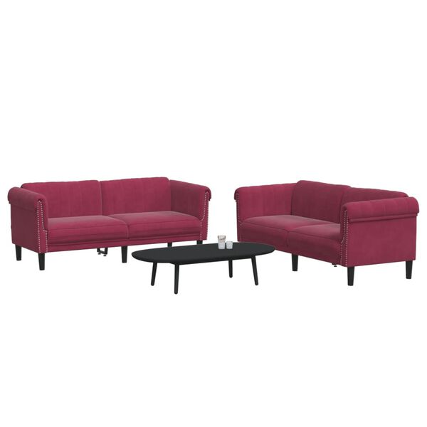 vidaXL Sofa Set Wine red Velvet (100% polyester), plywood, solid wood