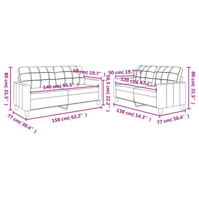 Technical schematic with dimensions of the two-piece sofa set showing measurements in pink, including lengths and heights.