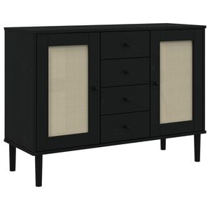 vidaXL Sideboard Black Solid Pine Wood, Poly Rattan, Engineered Wood