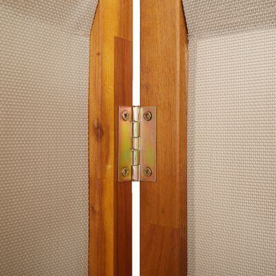 Hinged metal plate showing a door hinge attached to wooden frame of the divider
