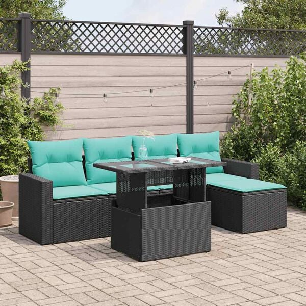 vidaXL 6 Piece Patio Sofa Set with Cushions Black Poly Rattan Acacia