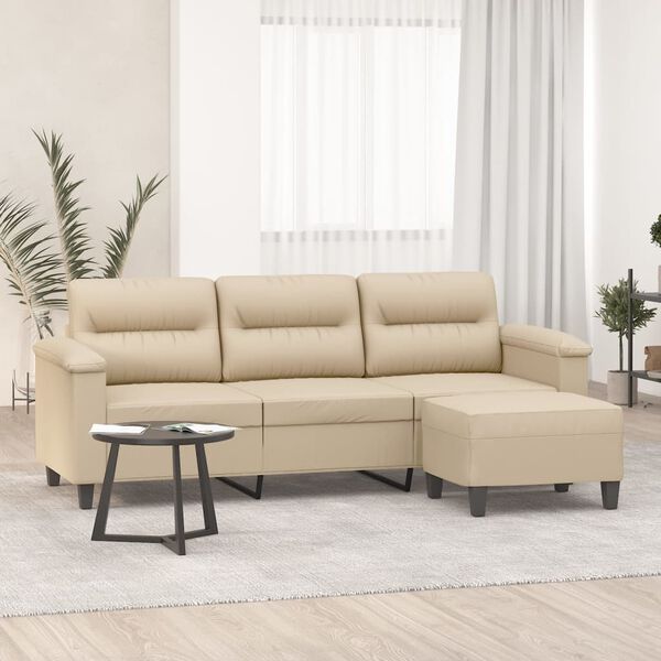 vidaXL 3-Seater Sofa with Footstool Cream 70.9" Microfiber Fabric