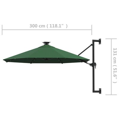 vidaXL Wall-mounted Parasol with LEDs and Metal Pole 118.1" Green