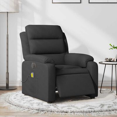 Black reclining chair in a living room setting with side pocket, brand logo on control knob, and footrest extended slightly