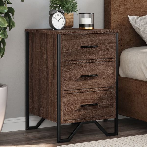vidaXL Bedside Cabinet Brown Oak Engineered Wood and Metal Medium