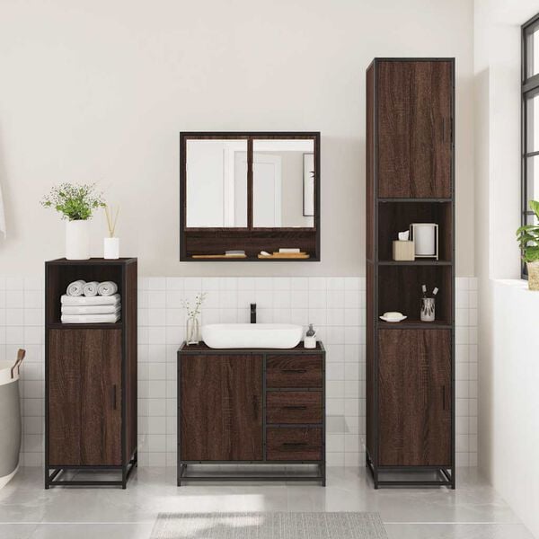 vidaXL Bathroom Furniture Set Brown Oak Engineered Wood, Metal, Glass