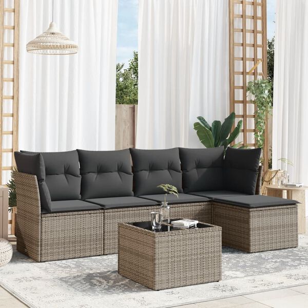 vidaXL Garden Sofa Set Grey Poly Rattan, Powder-Coated Steel, Tempered Glass