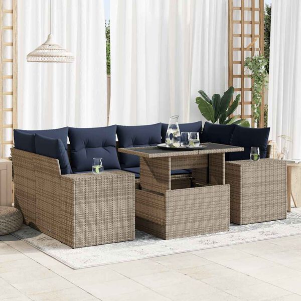 vidaXL 7 Piece Patio Sofa Set with Cushions Gray Poly Rattan Acacia